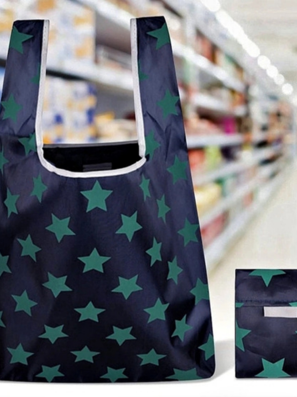 Foldable Star Print Tote in Blue & Green